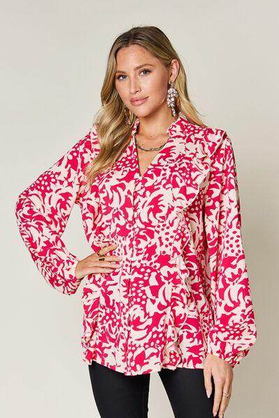 Double Take Full Size Printed Ruffle Trim Balloon Sleeve Shirt-6