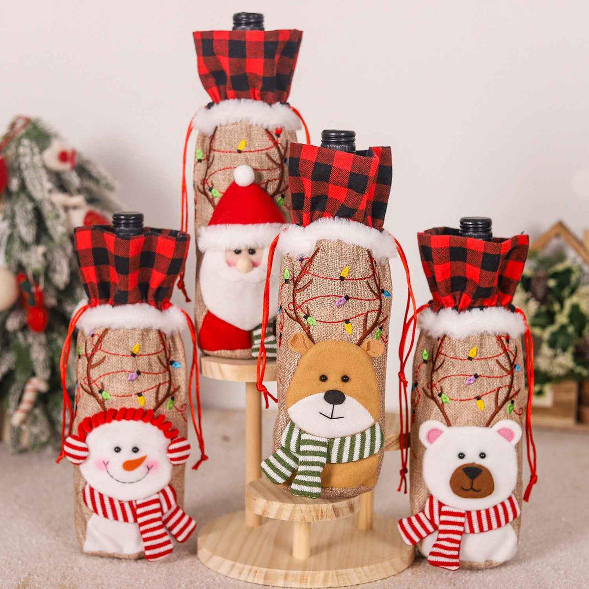 MyKids-USA® Red and Black Checkered Burlap Wine Bottle Embroidered Christmas Doll Tote Bag
