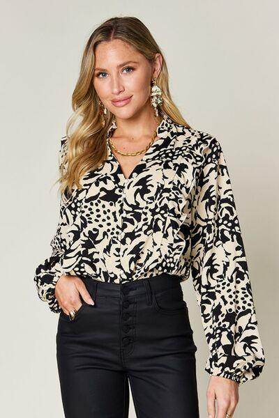 Double Take Full Size Printed Ruffle Trim Balloon Sleeve Shirt-0