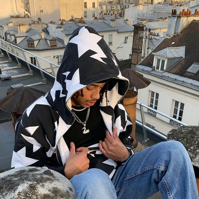 Star Printed Zip Up Hoodies - HollySaleShop