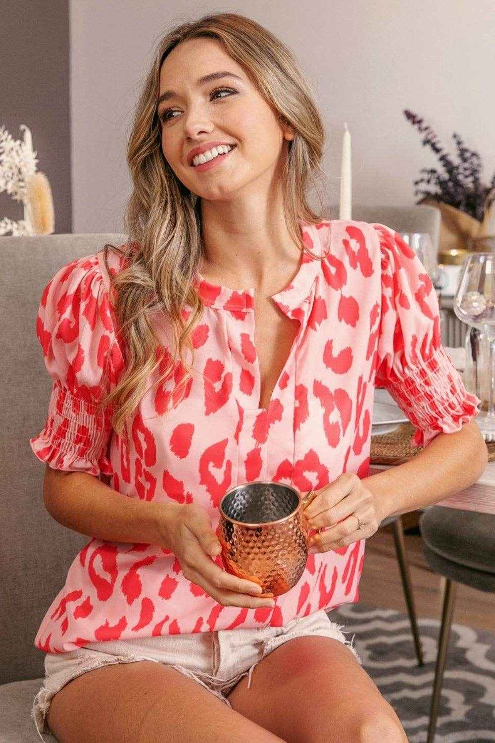BiBi Leopard Smocked Short Sleeve Blouse for Trendy Style