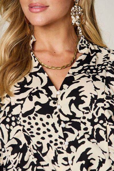 Double Take Full Size Printed Ruffle Trim Balloon Sleeve Shirt-3