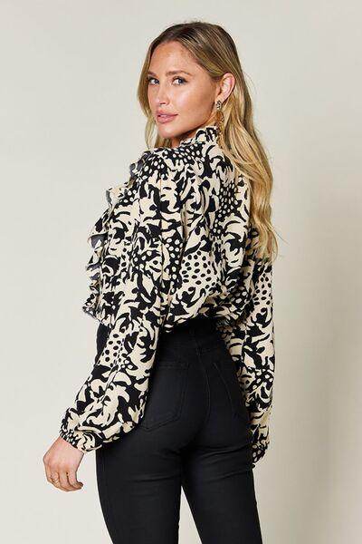 Double Take Full Size Printed Ruffle Trim Balloon Sleeve Shirt-2