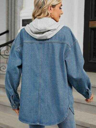 Removable Hood Button Up Long Sleeve Denim Jacket for Women