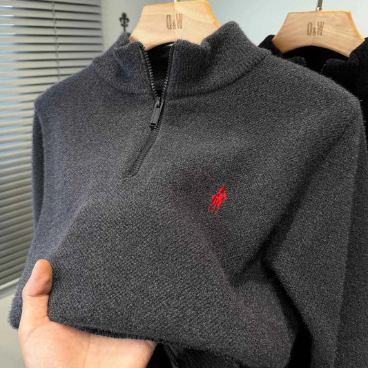 Luxury brand zipper semi high neck sweater men's high-end fashion ponytail golf embroidery winter new velvet warm knit pullover