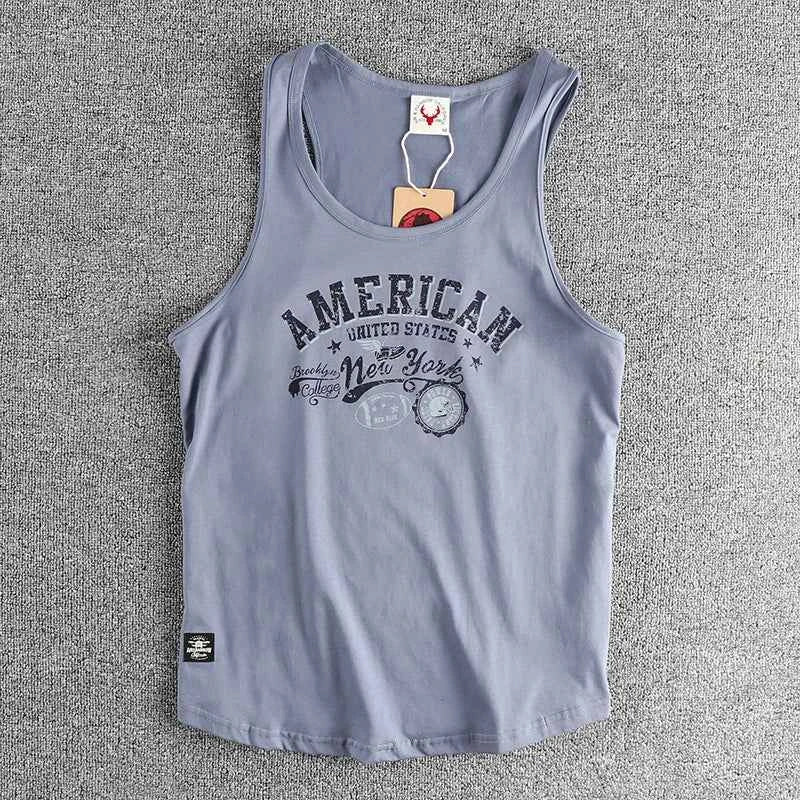 Retro trend letter pattern men's sweat vest all cotton wash fitness sports sleeveless vest T-shirt