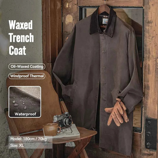 Maden Men's Vintage Waxed Windbreaker Corduroy Turn-down Collar Mid-length Overcoat Windproof and Waterproof Trench Loose Jacket