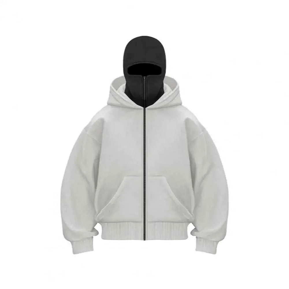 Unisex Balaclava Hoodie Warm Loose Hooded Jacket Zip-up Casual Jacket with Face Mask for Autumn Winter Outdoor Sports Streetwear