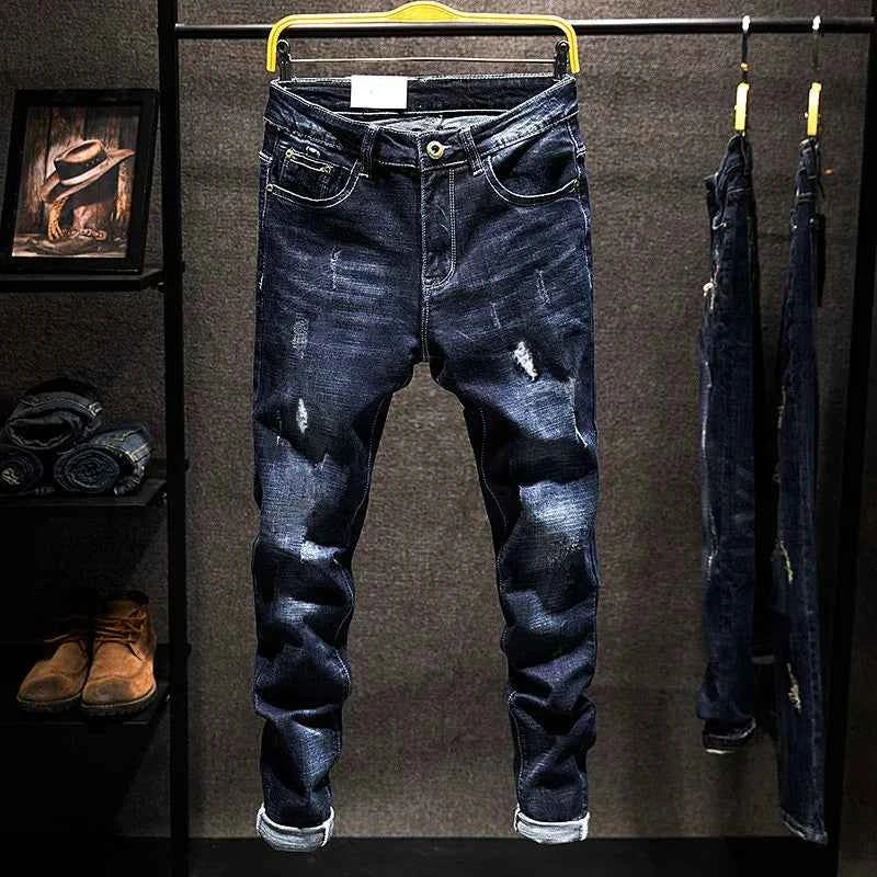 American Elastic Straight Jeans Men Ripped Worn-out Slim-fit Cotton Denim Pants Korean Style Fashion Blue Black Men's Clothing