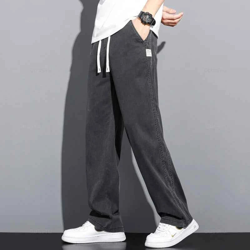 Summer Thin Soft Lyocell Fabric Jeans Men Loose Straight Wide Leg Pants Drawstring Elastic Waist Casual Trousers Plus Size M-5XL