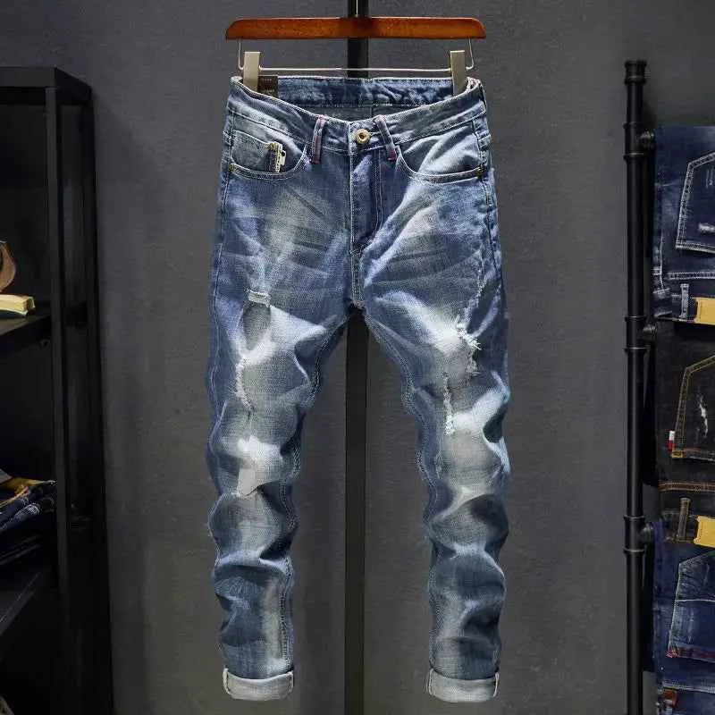 American Elastic Straight Jeans Men Ripped Worn-out Slim-fit Cotton Denim Pants Korean Style Fashion Blue Black Men's Clothing