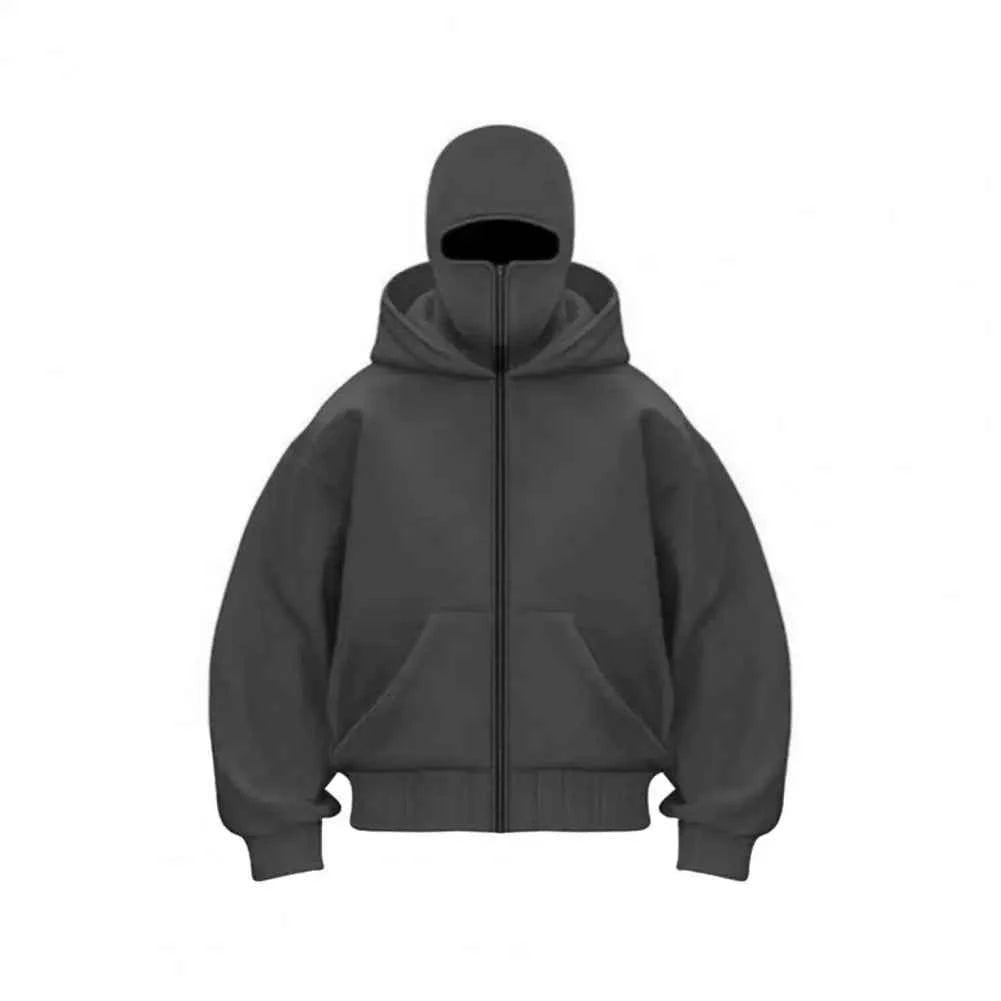 Unisex Balaclava Hoodie Warm Loose Hooded Jacket Zip-up Casual Jacket with Face Mask for Autumn Winter Outdoor Sports Streetwear