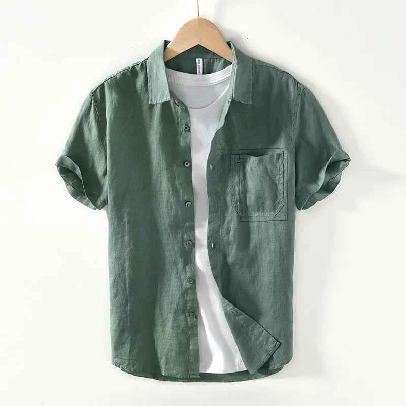 Summer New Casual Cargo Short Sleeve Shirts for Men Pure Linen Simple Slim Thin Men Clothing BL993