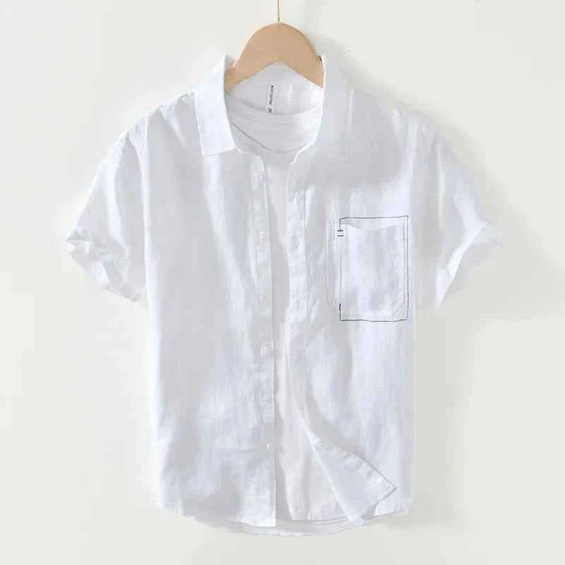 Summer New Casual Cargo Short Sleeve Shirts for Men Pure Linen Simple Slim Thin Men Clothing BL993