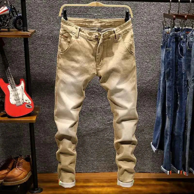American Elastic Straight Jeans Men Ripped Worn-out Slim-fit Cotton Denim Pants Korean Style Fashion Blue Black Men's Clothing
