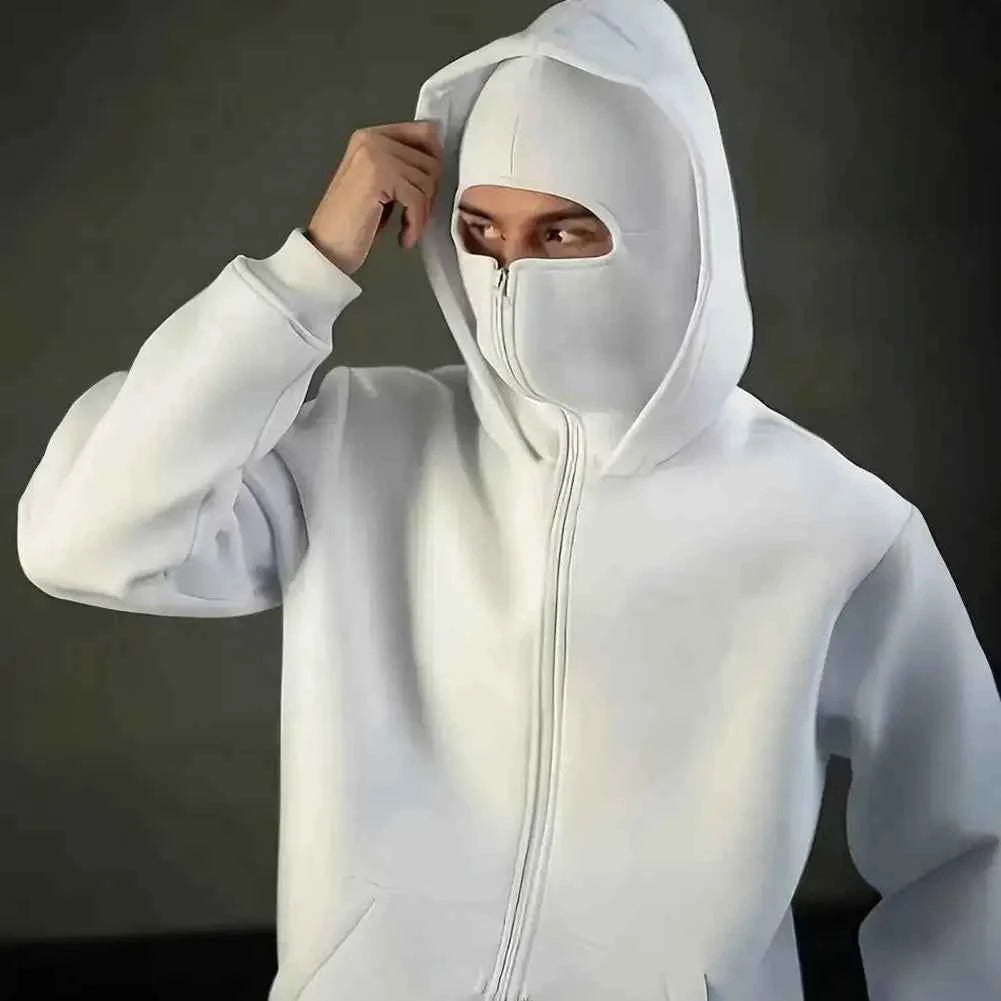 Unisex Balaclava Hoodie Warm Loose Hooded Jacket Zip-up Casual Jacket with Face Mask for Autumn Winter Outdoor Sports Streetwear