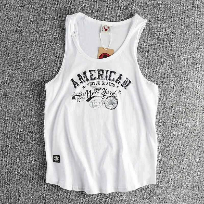Retro trend letter pattern men's sweat vest all cotton wash fitness sports sleeveless vest T-shirt
