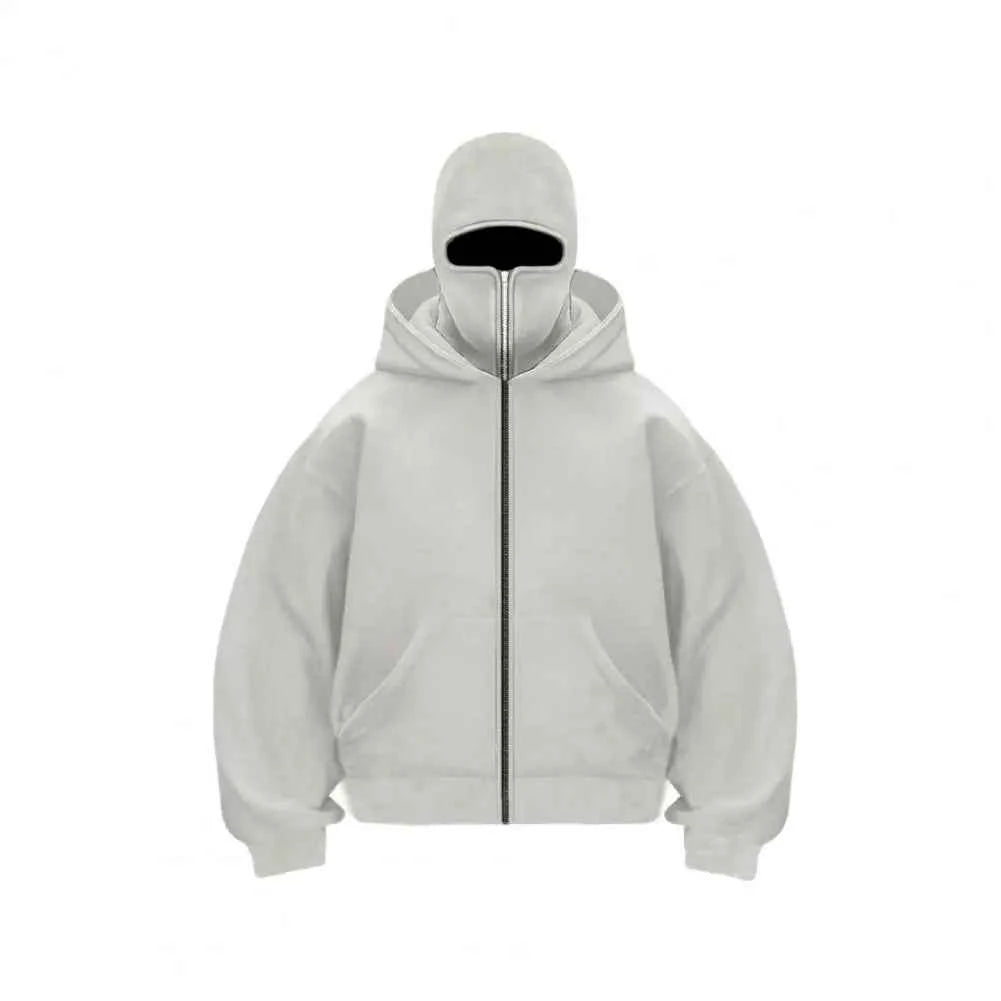 Unisex Balaclava Hoodie Warm Loose Hooded Jacket Zip-up Casual Jacket with Face Mask for Autumn Winter Outdoor Sports Streetwear