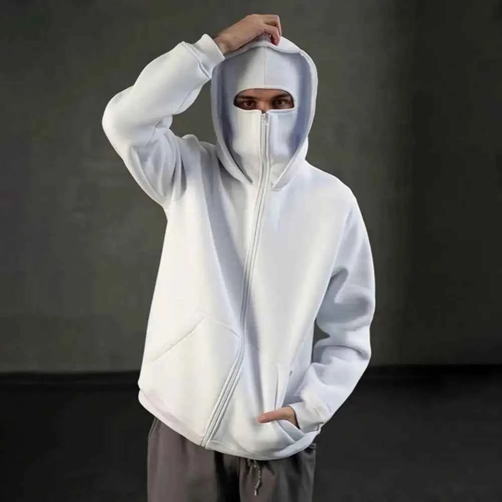 Unisex Balaclava Hoodie Warm Loose Hooded Jacket Zip-up Casual Jacket with Face Mask for Autumn Winter Outdoor Sports Streetwear