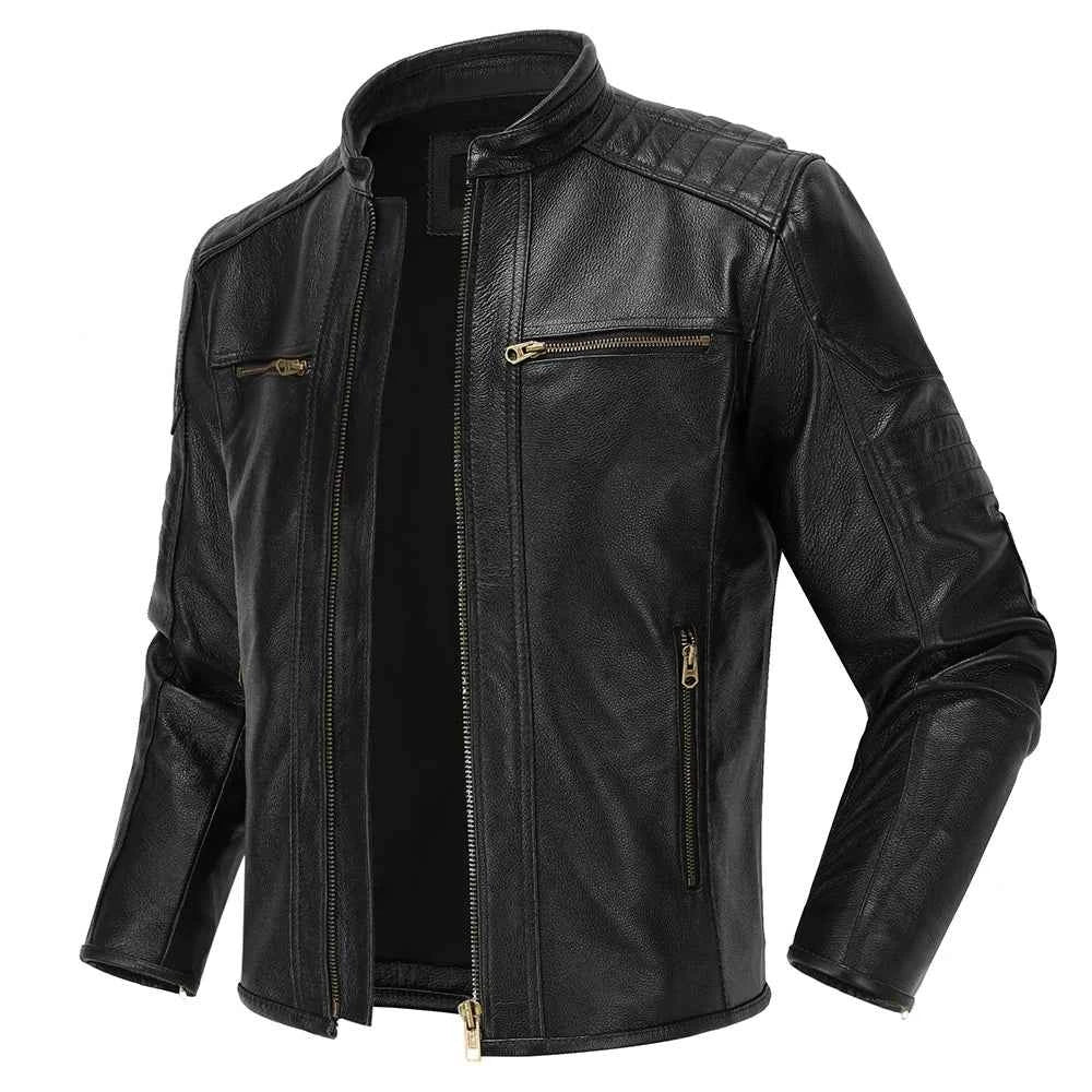 Men's Natural Leather Jacket First Layer Calfskin Stand Collar Motorcycle Jacket Retro Brown Cowhide Jacket Men‘s Biker Clothes