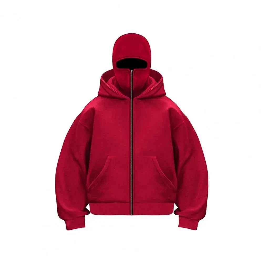 Unisex Balaclava Hoodie Warm Loose Hooded Jacket Zip-up Casual Jacket with Face Mask for Autumn Winter Outdoor Sports Streetwear