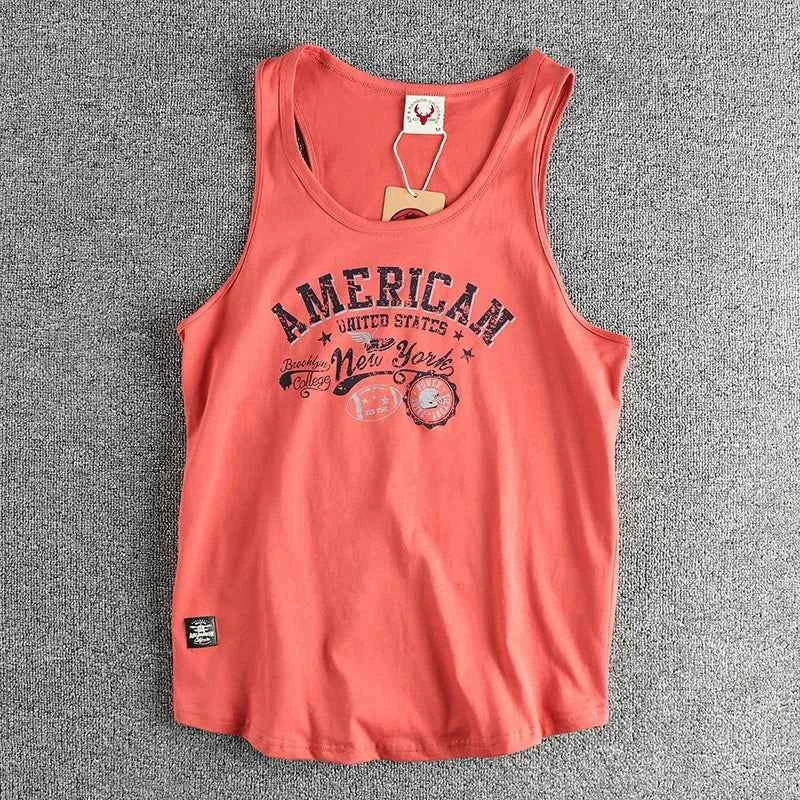 Retro trend letter pattern men's sweat vest all cotton wash fitness sports sleeveless vest T-shirt