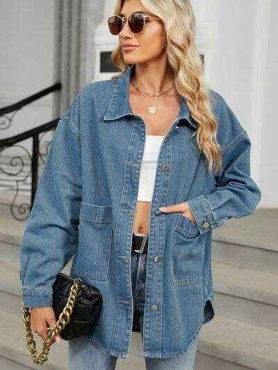 Removable Hood Button Up Long Sleeve Denim Jacket for Women