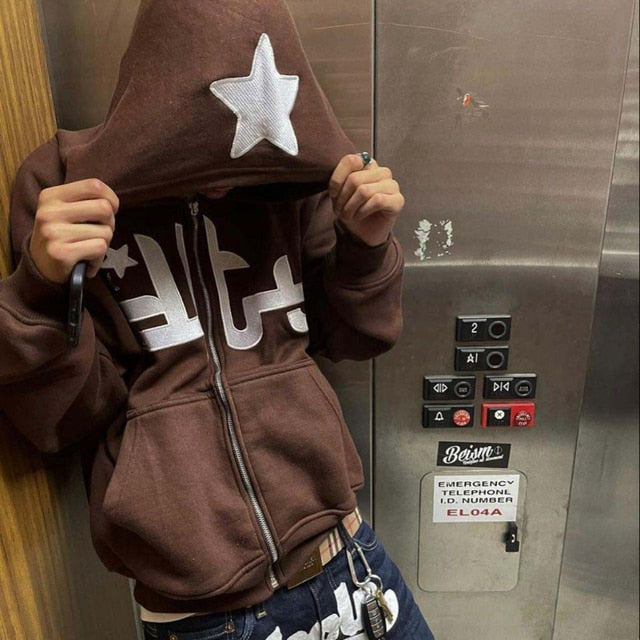 Star Printed Zip Up Hoodies - HollySaleShop