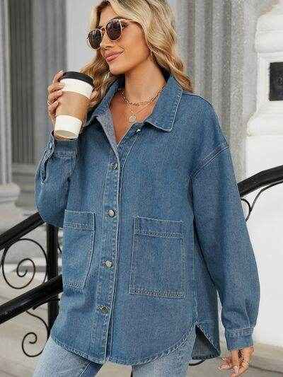 Removable Hood Button Up Long Sleeve Denim Jacket for Women