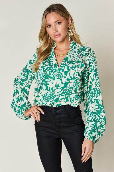 Double Take Full Size Printed Ruffle Trim Balloon Sleeve Shirt-5