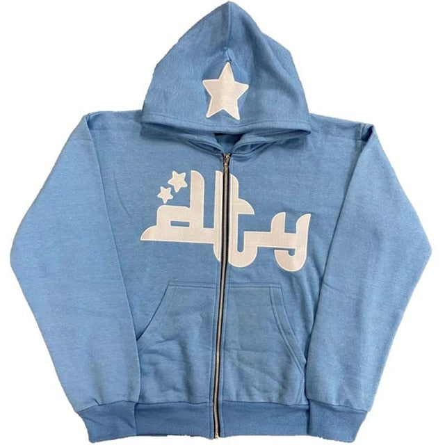 Star Printed Zip Up Hoodies - HollySaleShop