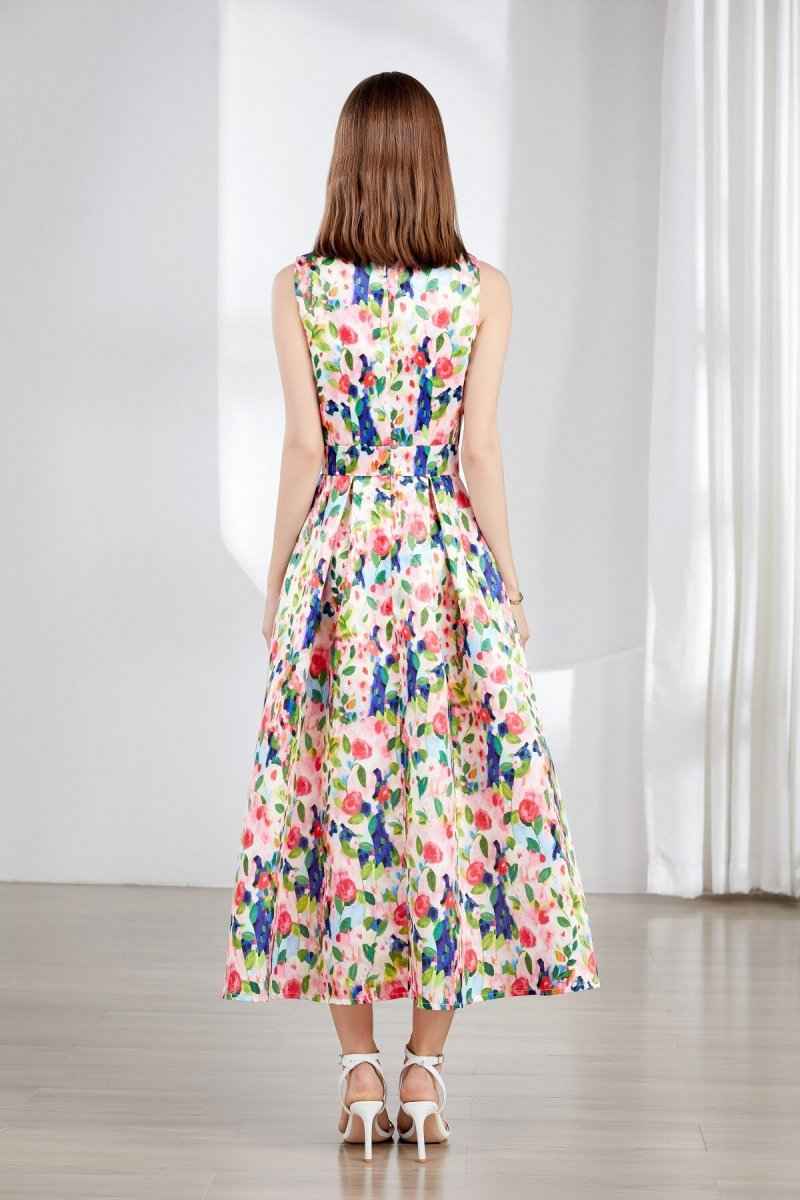 Floral Sleeveless Boatneck Flared A Line Midi Dress