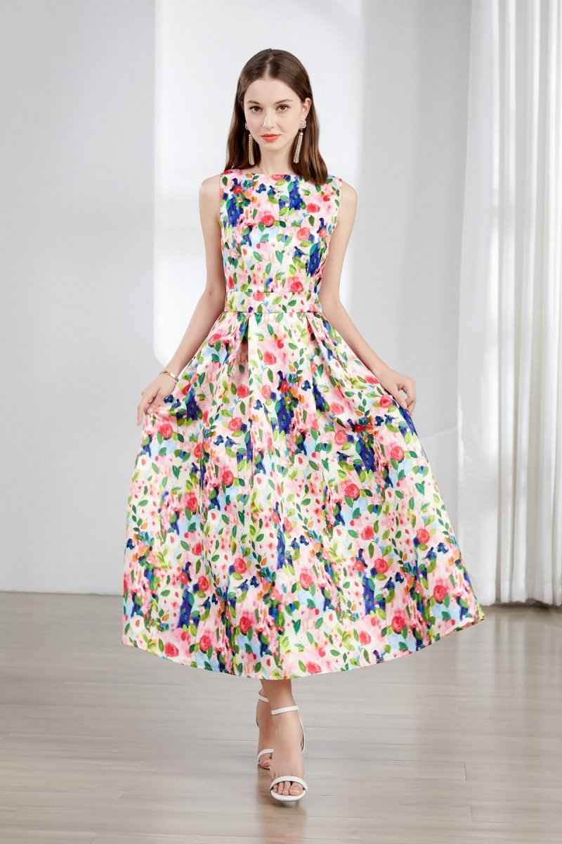 Floral Sleeveless Boatneck Flared A Line Midi Dress