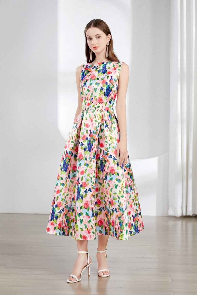 Floral Sleeveless Boatneck Flared A Line Midi Dress