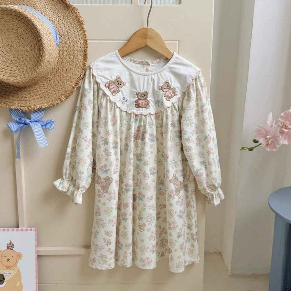 MyKids-USA® Girls Flowers and Teddy Bears Pattern Long Sleeves Dress