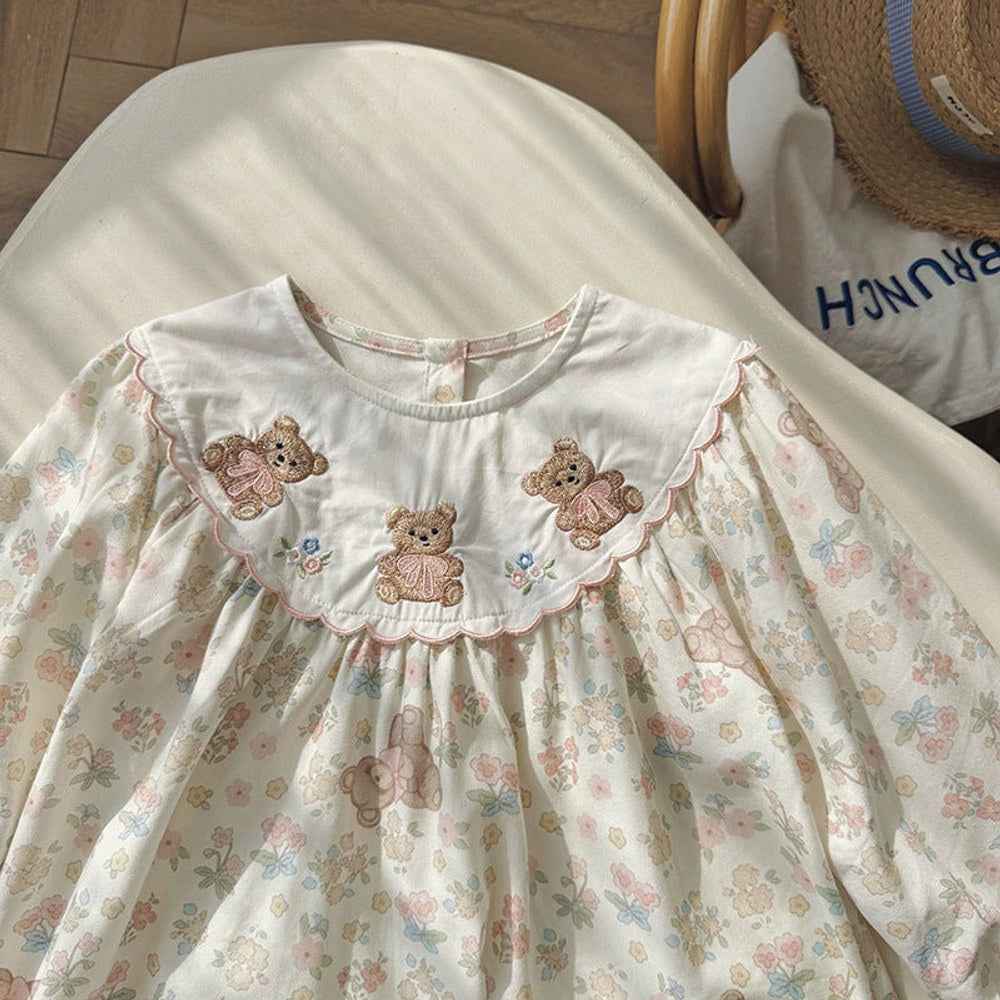 MyKids-USA® Girls Flowers and Teddy Bears Pattern Long Sleeves Dress