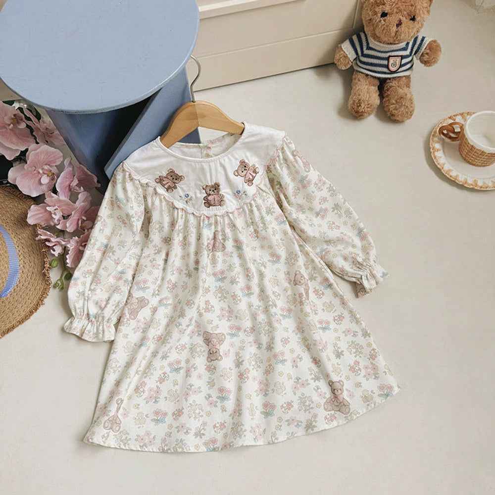 MyKids-USA® Girls Flowers and Teddy Bears Pattern Long Sleeves Dress
